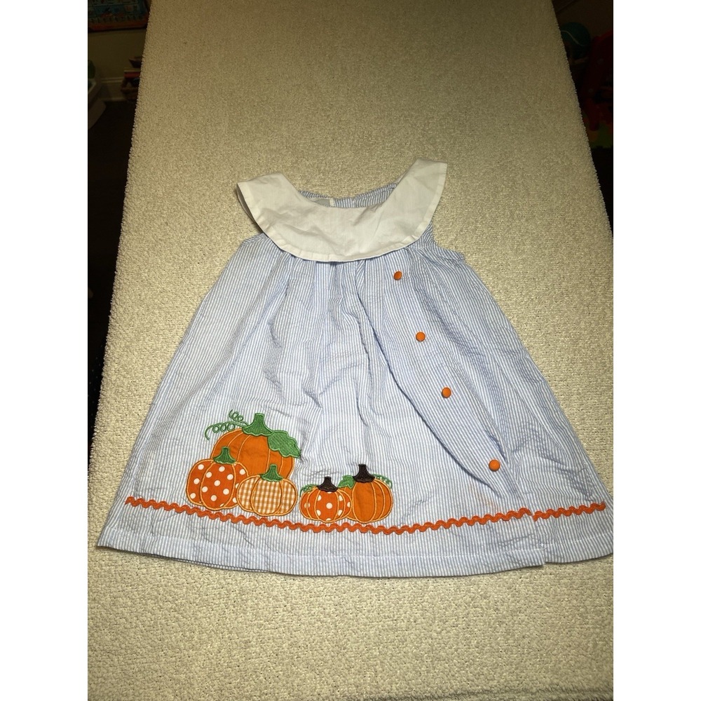 Lil Cactus Girls Blue Striped Halloween A-Line Dress Pumpkin Embroidered 18-24mo